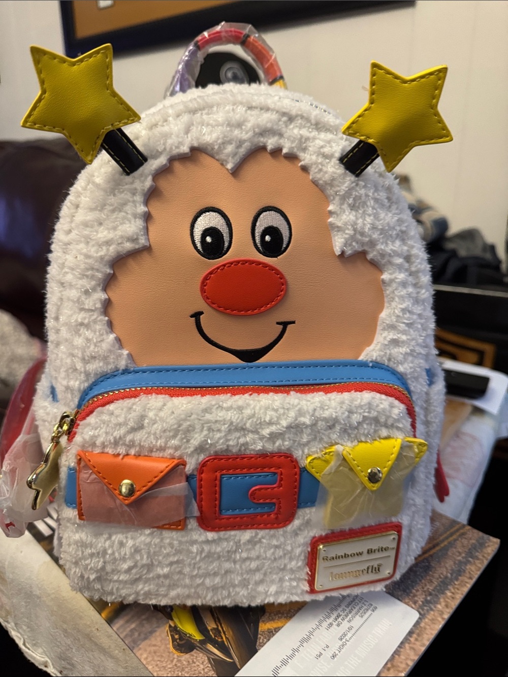 Rainbow Brite Kids White Fuzzy Character Backpack with Yellow Star Accents